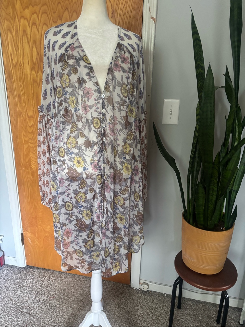 Free People Sheer Floral Button-Front Kimono in Cream and Yellow